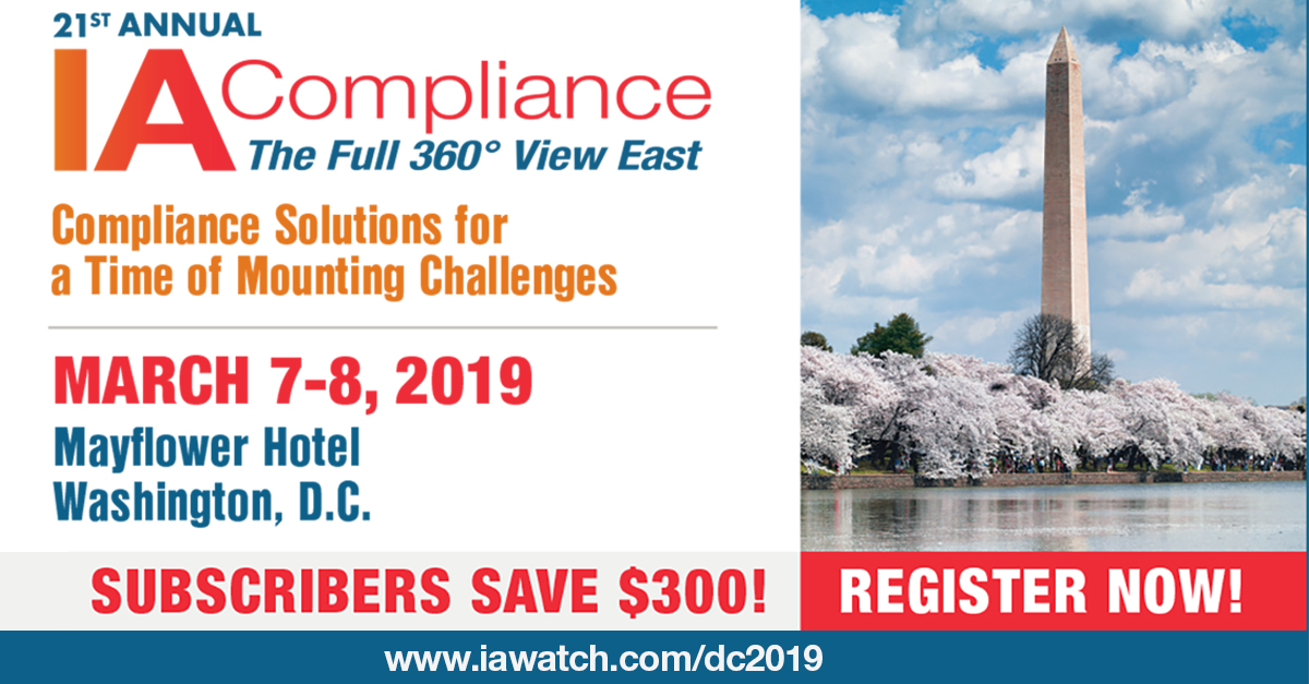 IA Compliance East promotion featuring the Washington Monument, event date, venue, and registration message