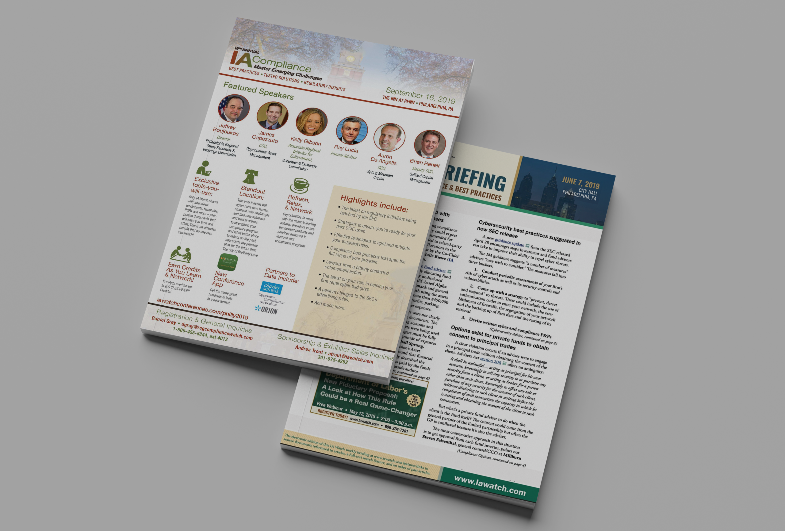 IAWatch conference promotion and compliance newsletter shown as printed publications