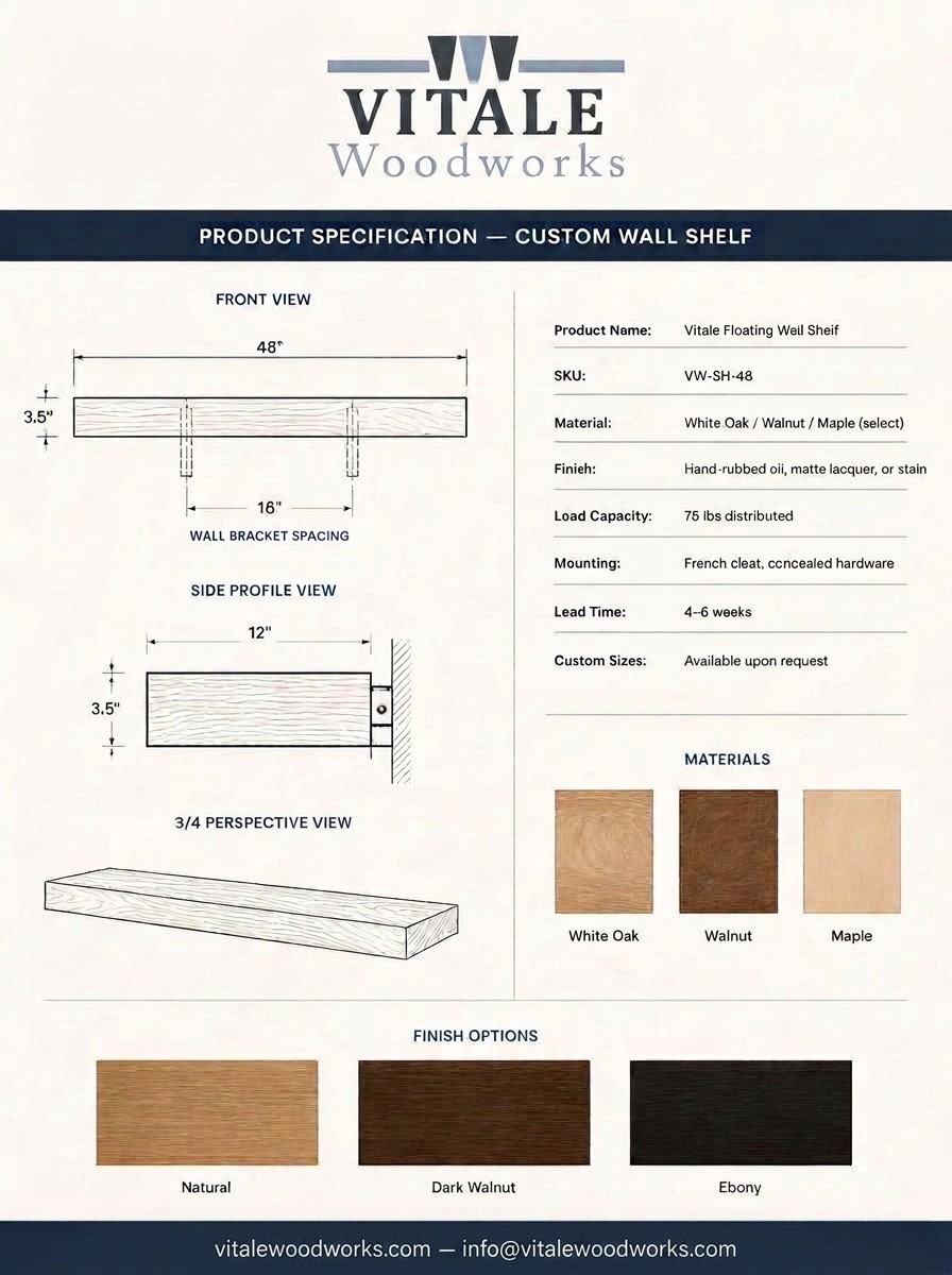 Vitale Woodworks product specification sheet design