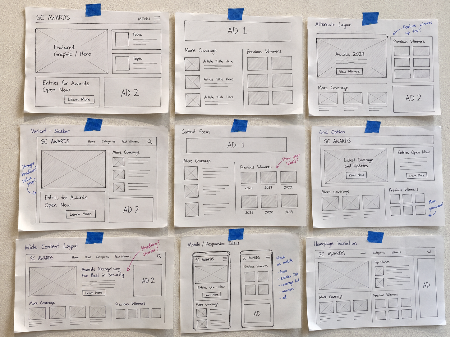 Hand-drawn SC Awards wireframe sketches showing layout exploration
