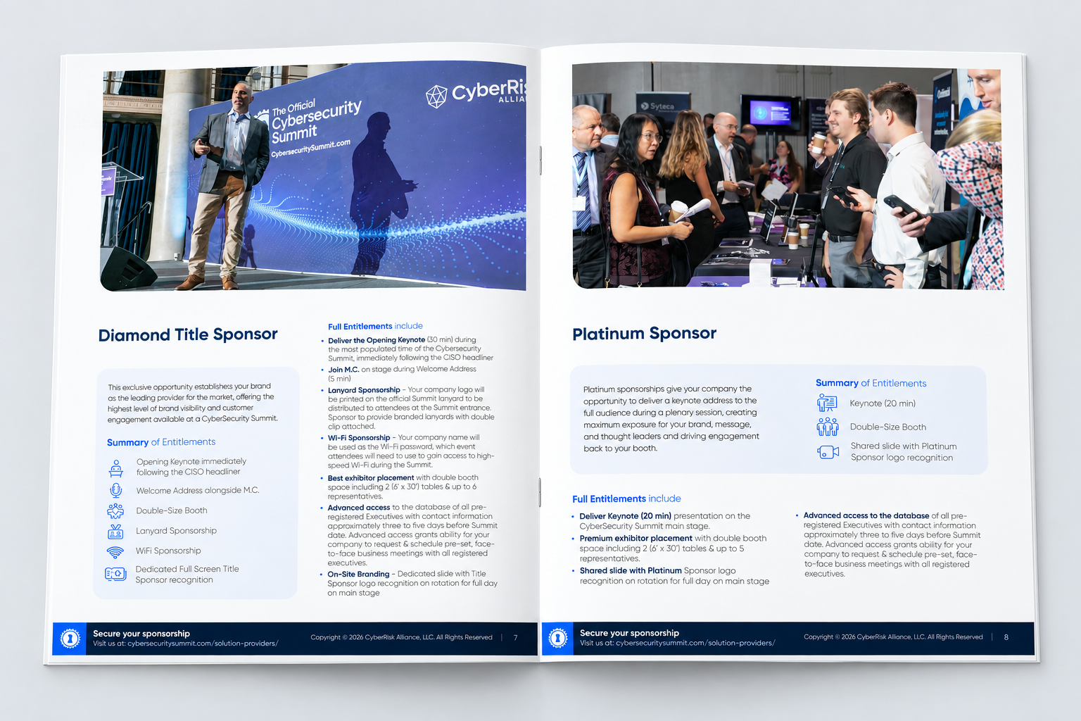Open Cyber Security Summit prospectus showing Diamond and Platinum sponsorship layouts, benefit icons, and event photography, with pricing omitted.
