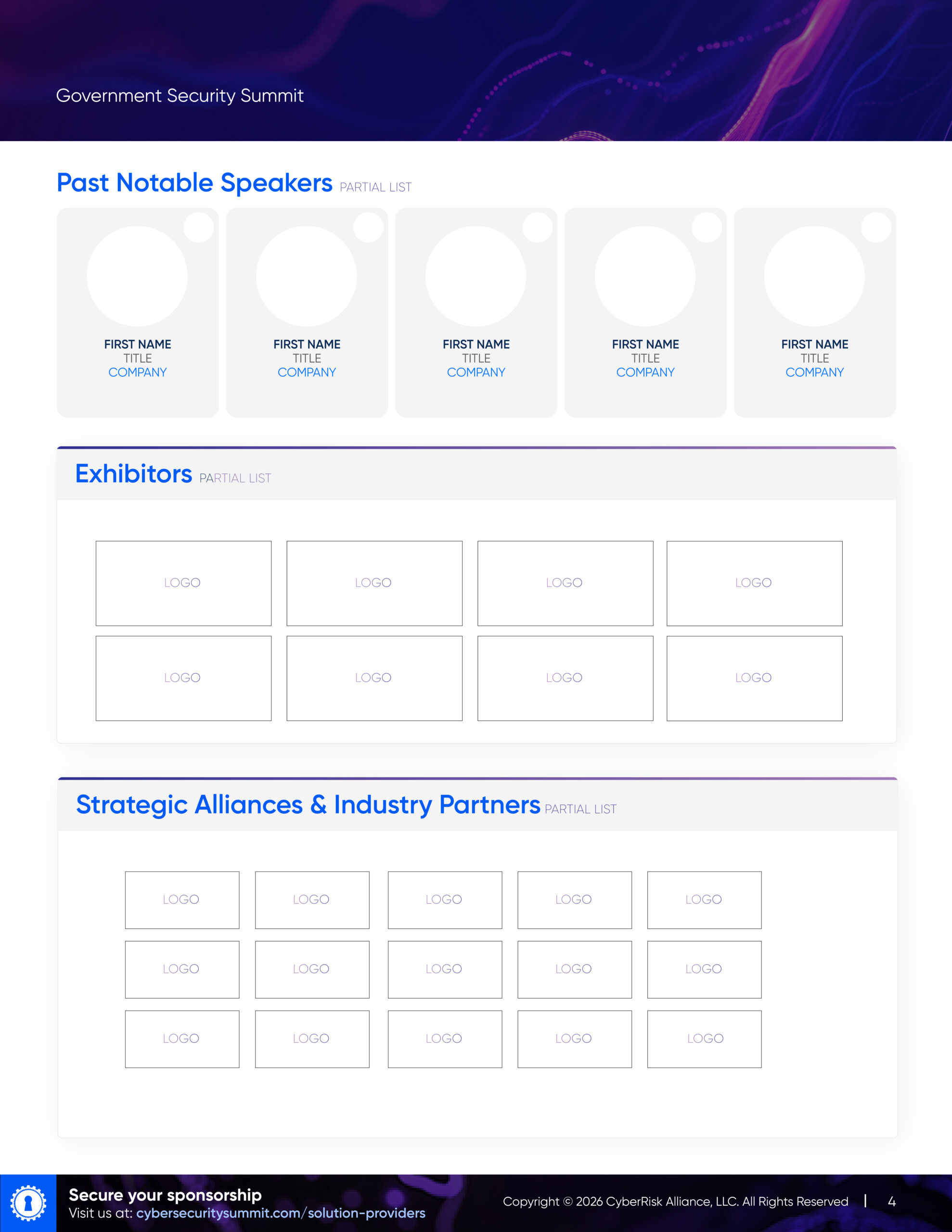 Technical layout drawing showing repeated speaker cards, exhibitor logo frames, and strategic partner groups