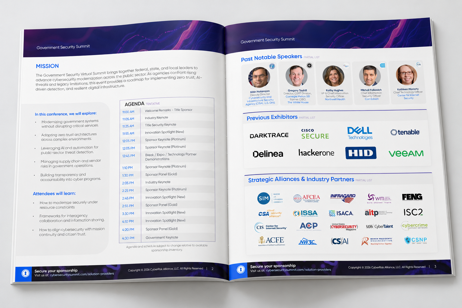 Open booklet mockup of the Government Security Summit prospectus showing the mission, agenda, speakers, exhibitors, and industry partners