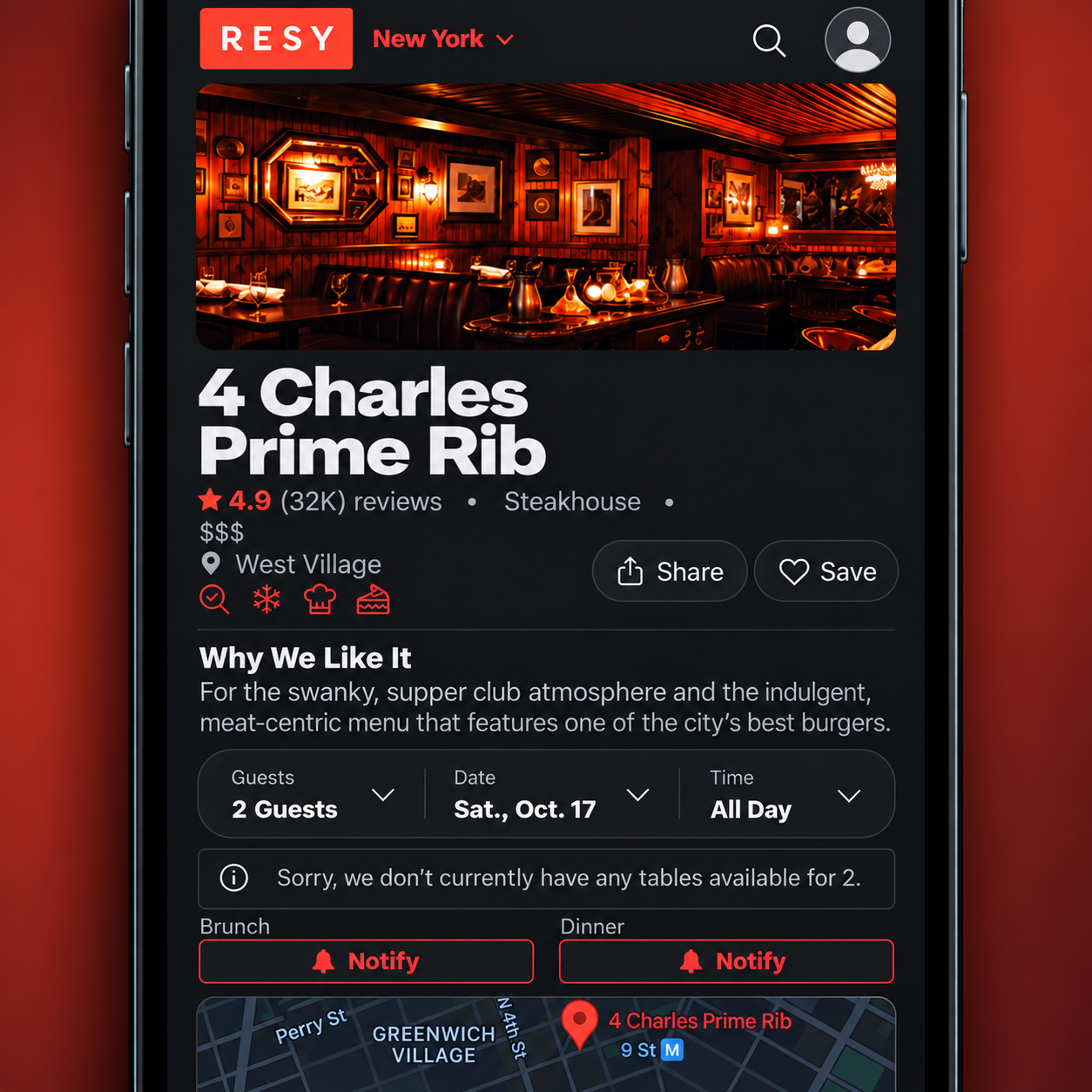 Dark-mode mobile interface concept showing a Resy restaurant listing for 4 Charles Prime Rib, including booking filters and notifications