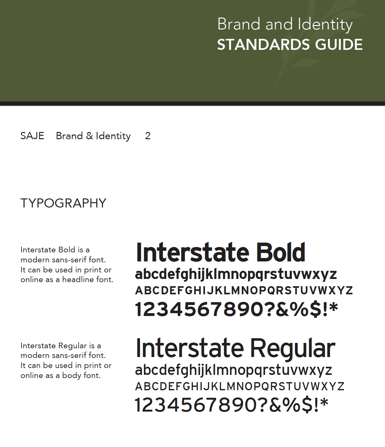 SAJE Brand and Identity Standards Guide showing Interstate Bold and Interstate Regular typography.