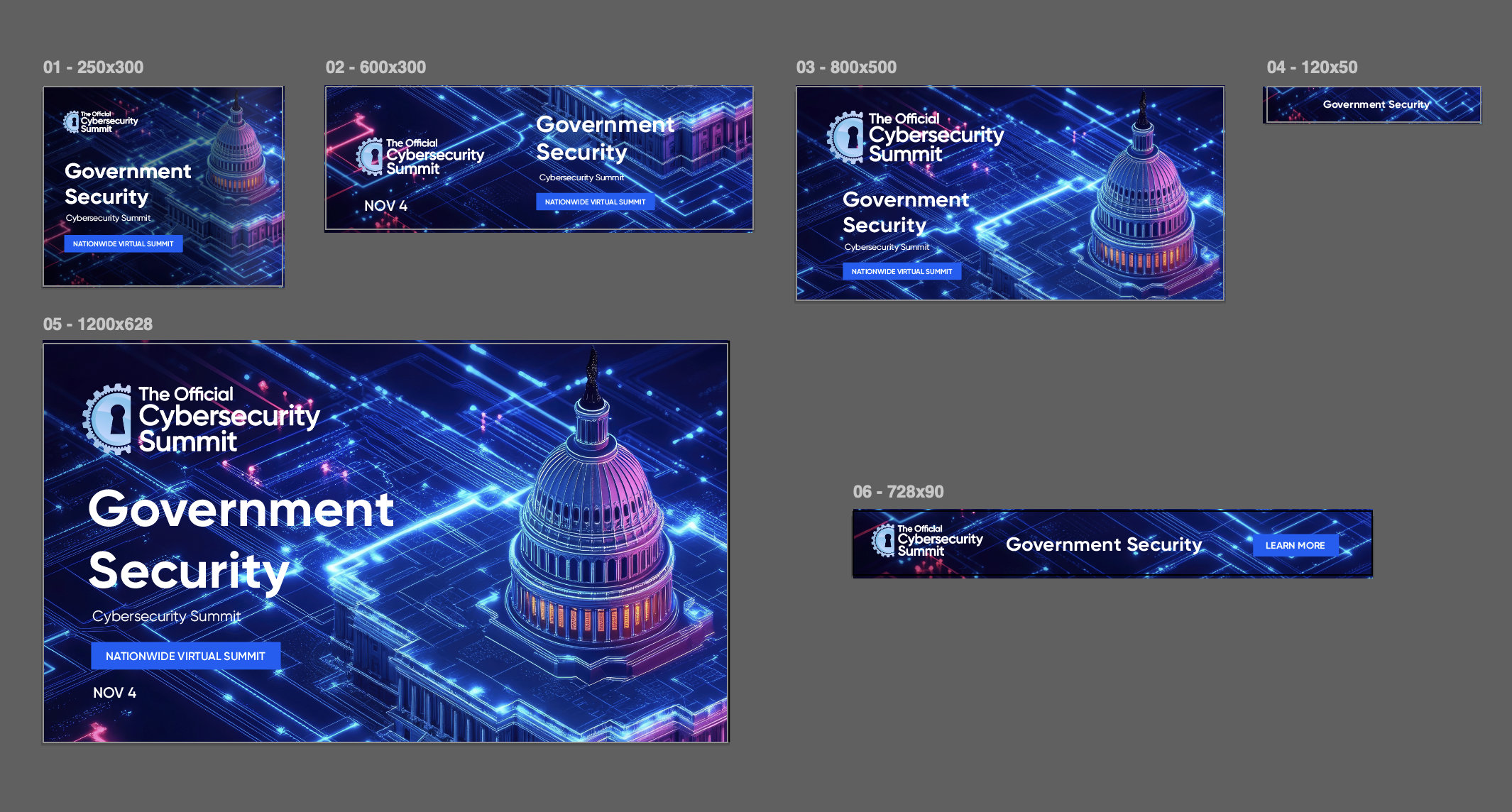 Government Security Summit campaign artboards with dimension labels for six formats