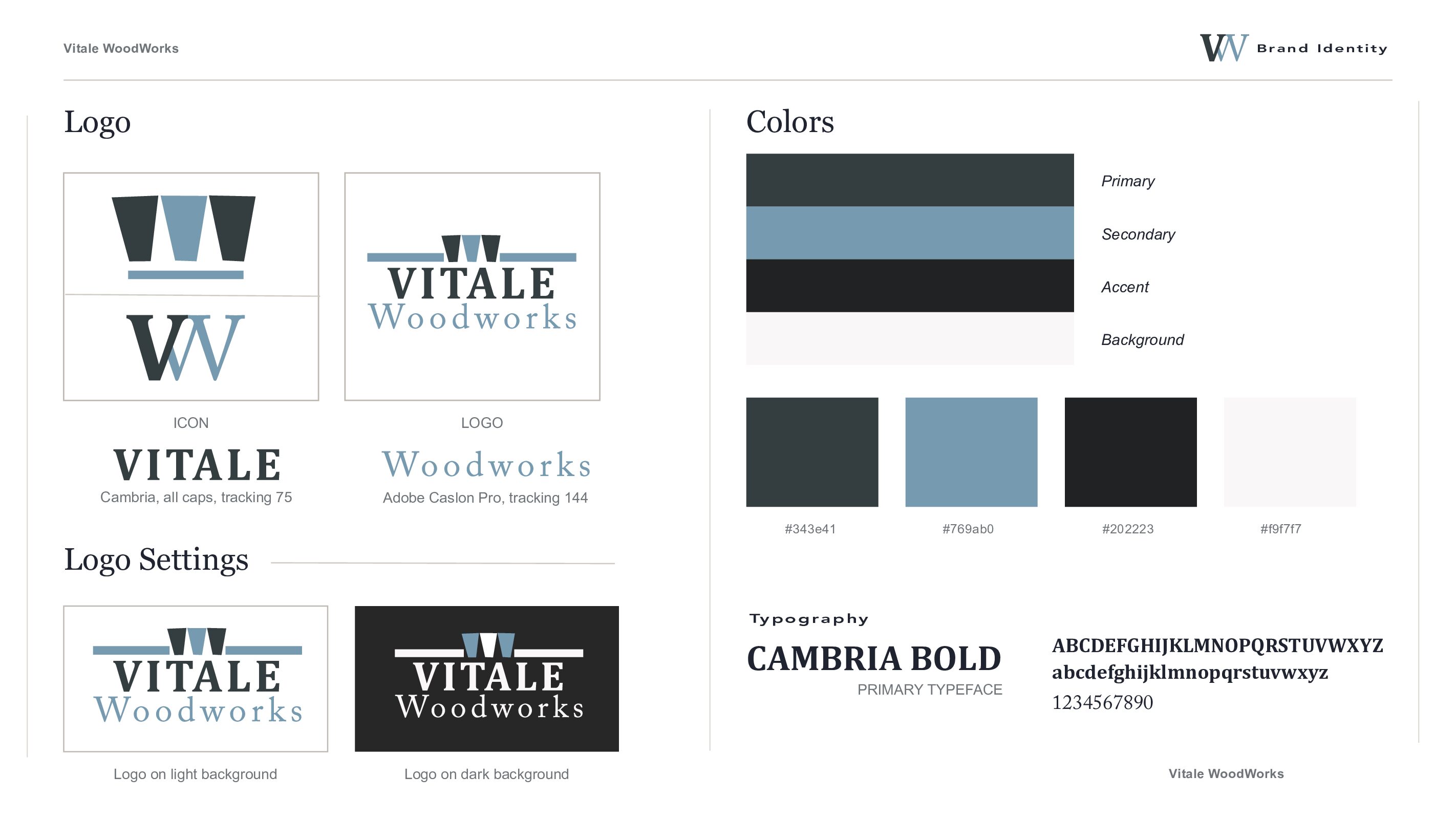 Updated Vitale Woodworks brand guidelines, typography and color system